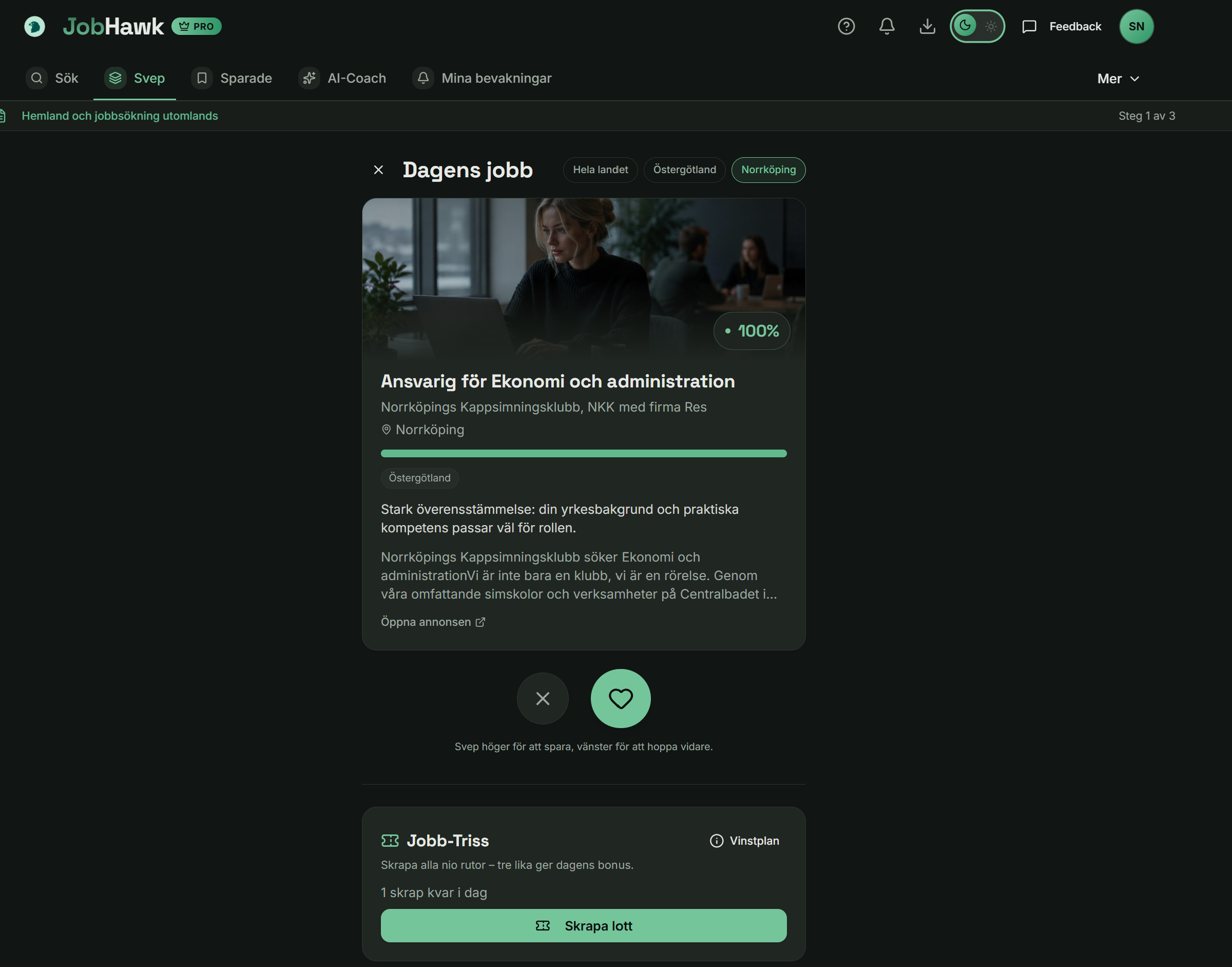 JobHawk job-search interface